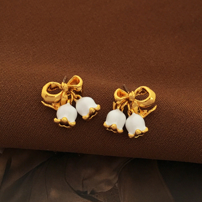 [DF]Original S925 silver needle Korean temperament bow bell stud earrings ins wind small fresh summer earrings