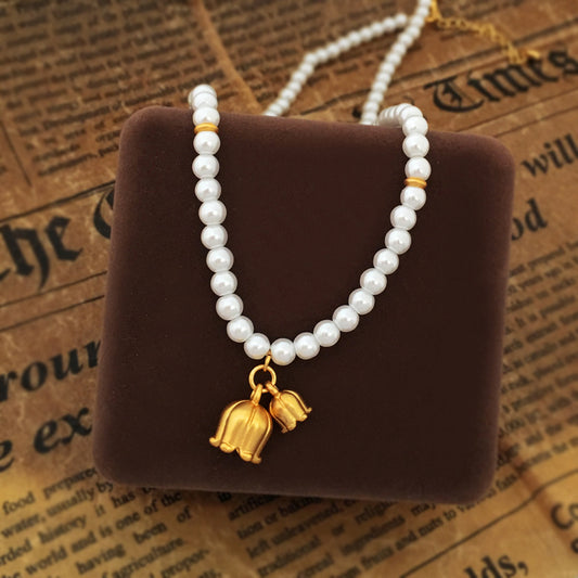 【DF】Copper Plated True Gold French Gentle Temperament Bell Orchid Pearl Bracelet Ins Style Summer New Collar Chain Female