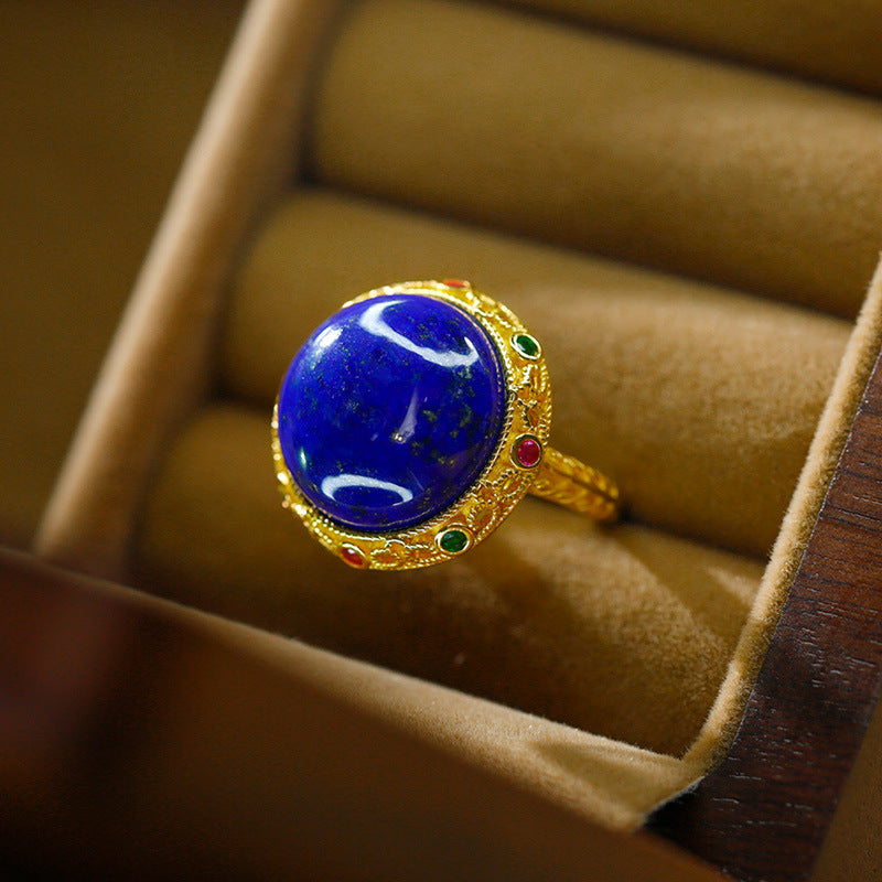 Bague parfaite en Lapis-lazuli naturel incrusté d'or plaqué argent S925