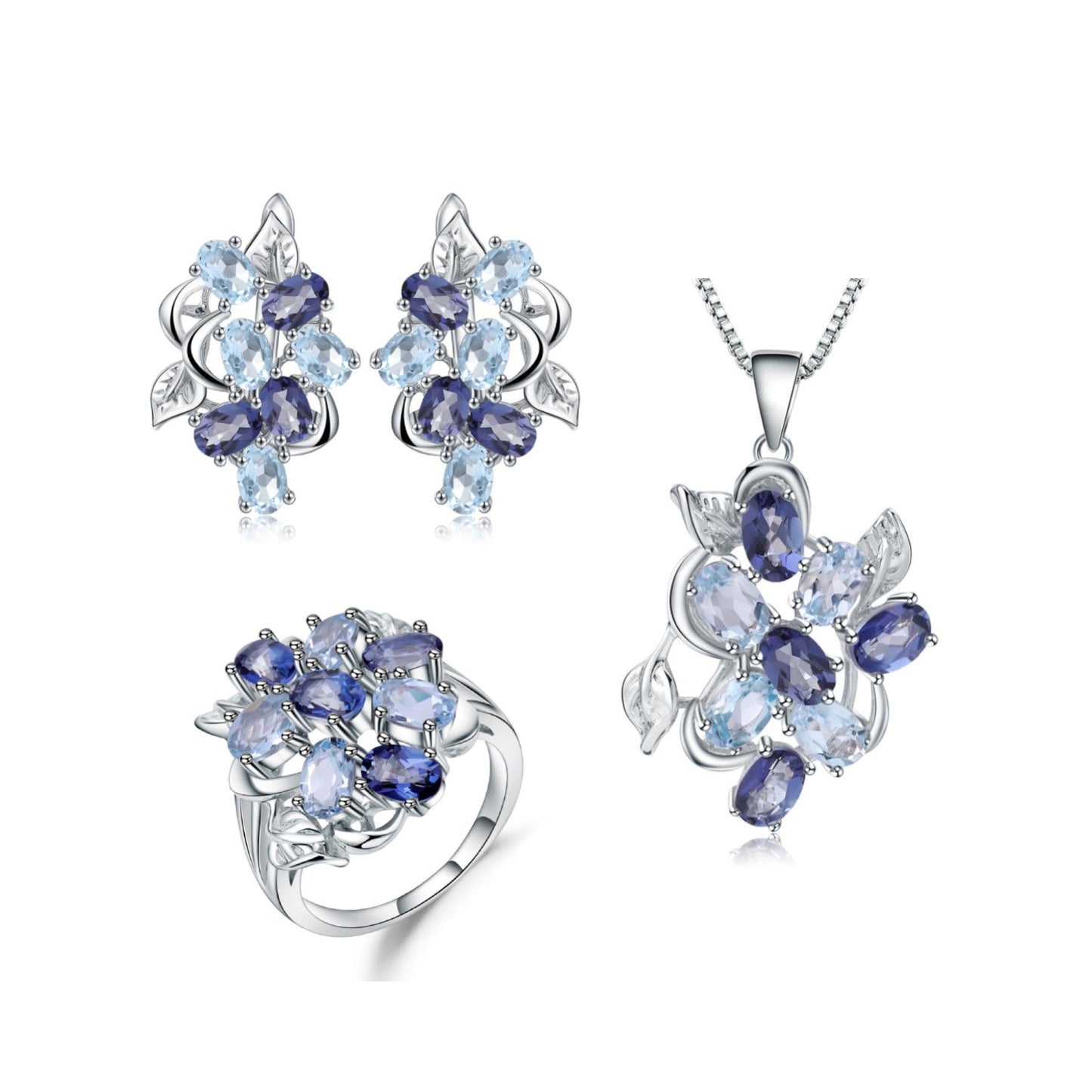 Craft Jewellery Set S925 Silver Set with Colored Gemstones, Rings, Necklaces, Stud Earrings, Set of Three