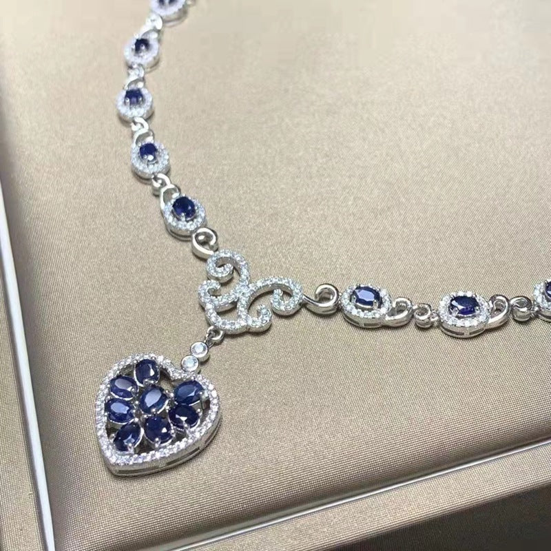 Natural sapphire necklace set with S925 silver pendant