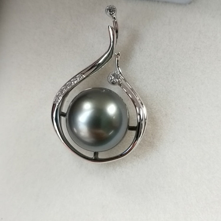 18K gold and white gold pendant Tahiti Sea water black Pearl pendant pendant 9-10mm round flawless pearl