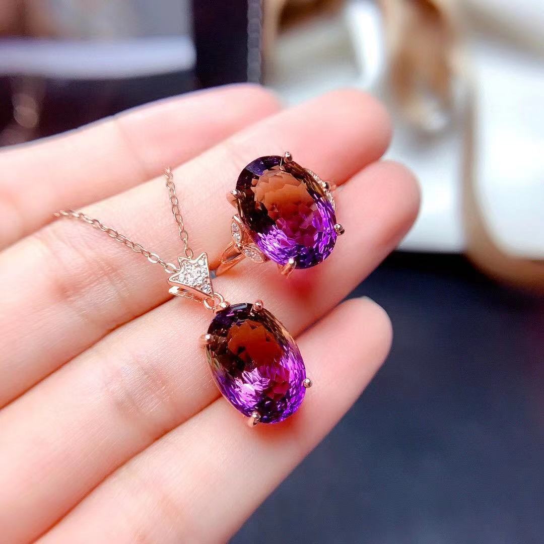 Delicate Ametrine Ring Pendant Set 925 Silver Set Ring Necklace