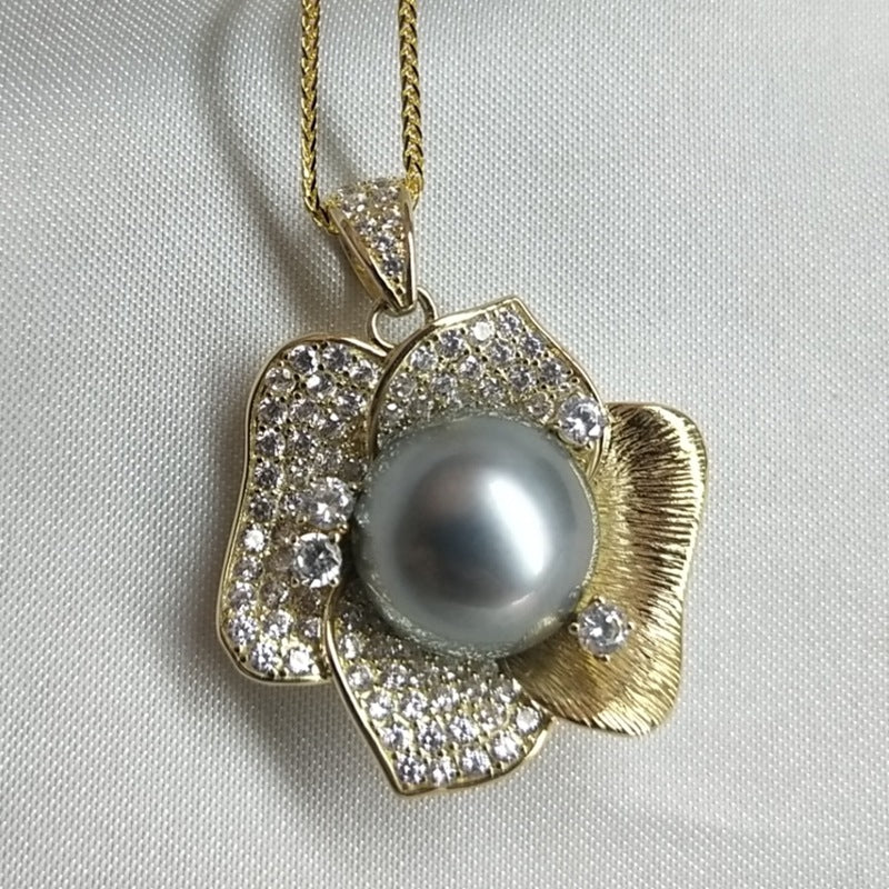 Gray sea Pearl 12-13mm round pearl pendant 925 silver gold thick bracket