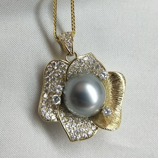 Colgante de perla de mar gris de 12-13 mm, perla redonda, plata 925, soporte grueso dorado