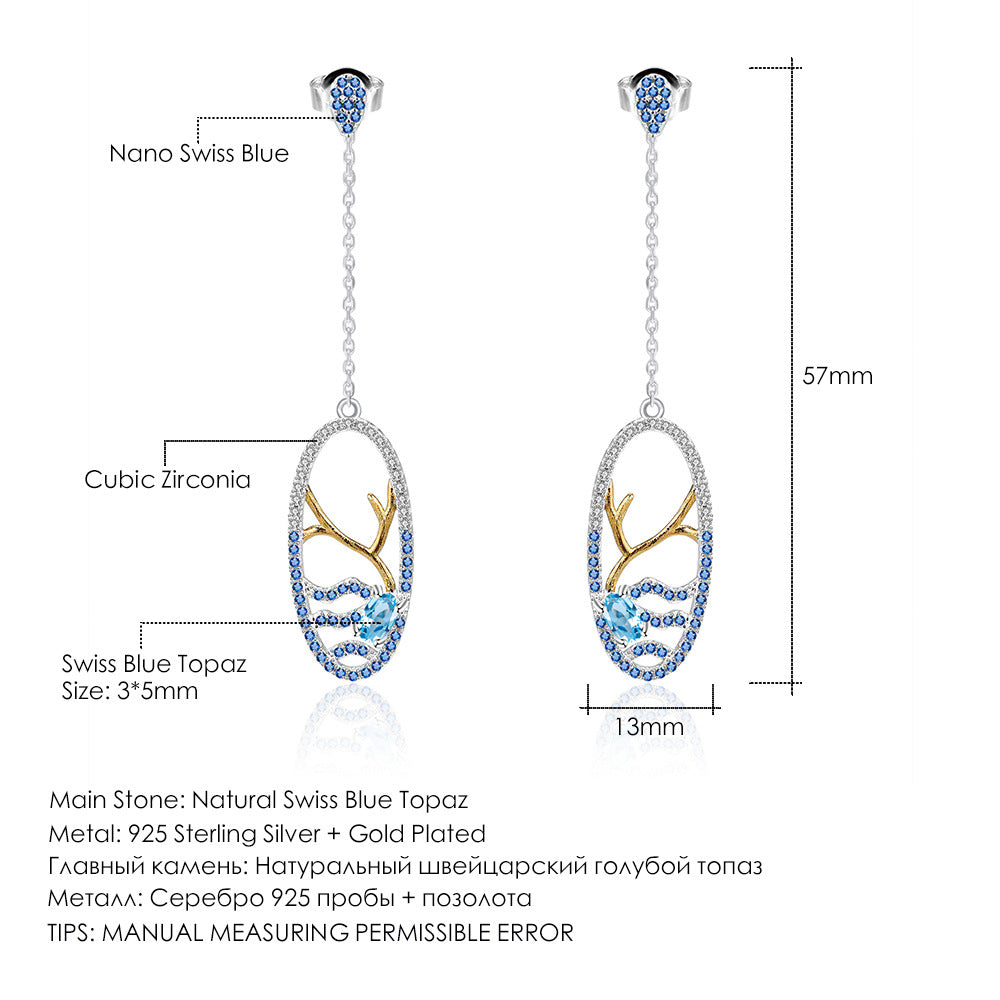 Pendientes largos de piedras preciosas de alta gama de diseñador Pendientes de topacio natural en plata 925