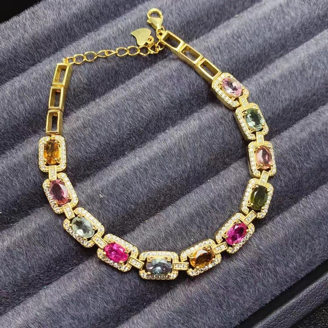 Natural tourmaline 925 silver inlaid bracelet for women