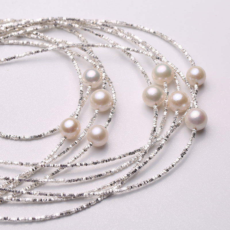 [DF]"Silver Shards & Pearl" S925 Sterling Silver Natural Pearl Necklace - Exquisite and Niche Collarbone Chain, Versatile Summer Accessory for Women.