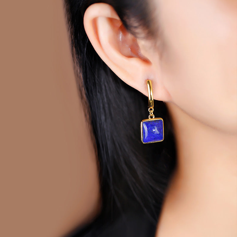 S925 silver plated gold inlaid lapis lazuli block geometric earrings, simple and versatile earrings