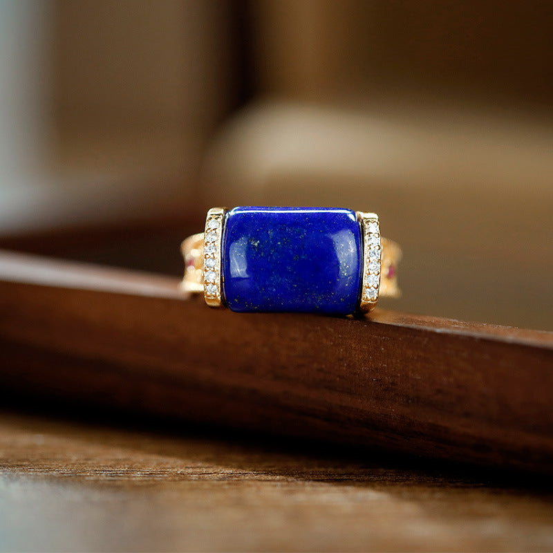 S925 Silver Plated Gold Inlaid Natural Lapis lazuli Opening Adjustment Ring