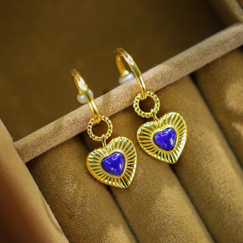 Boucles d'oreilles à boucle en T, plaqué argent S925, incrusté de lapis-lazuli, amour