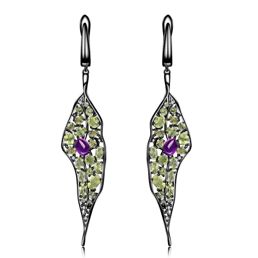 Pendientes de plata de ley 925 con diseño de hojas de viento naturales y piedras de colores naturales