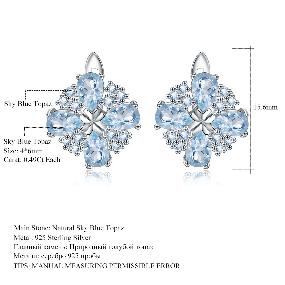 Boucles d'oreilles vides en topaze bleue en argent s925 incrustées de pierres précieuses colorées et de cristaux