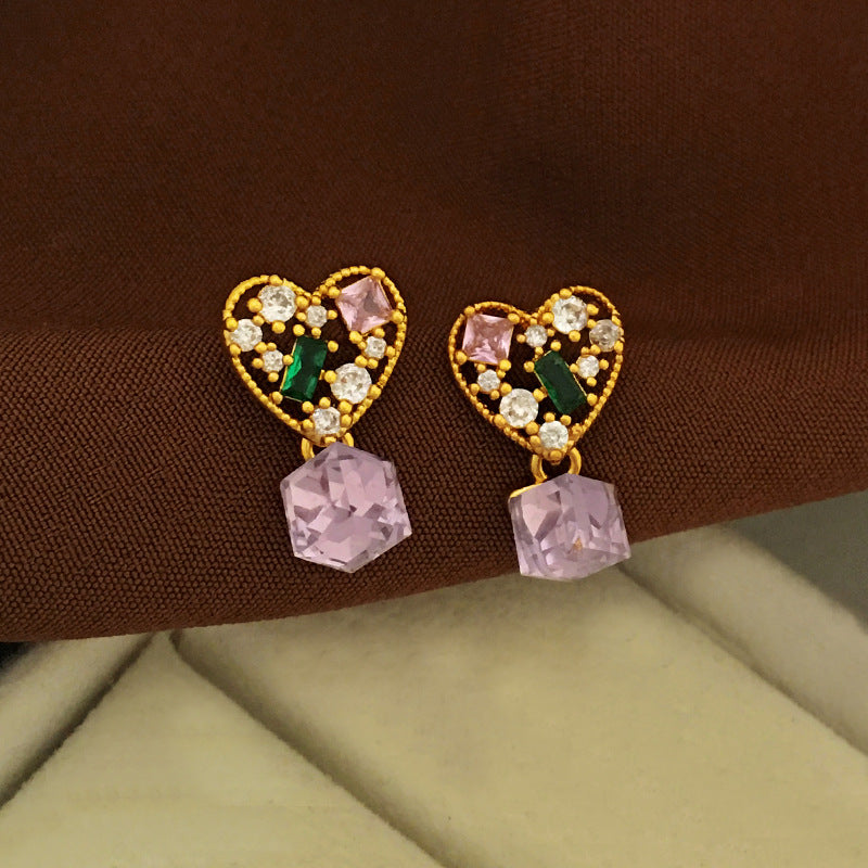 [DF]Copper plated genuine gold S925 silver needle, Korean temperament, sweet zircon heart earrings, inset style hollowed out earrings, female