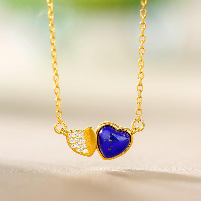 925 Silver Plated Gold Inlaid Southern Red Agate Blue Gold Stone Love Necklace