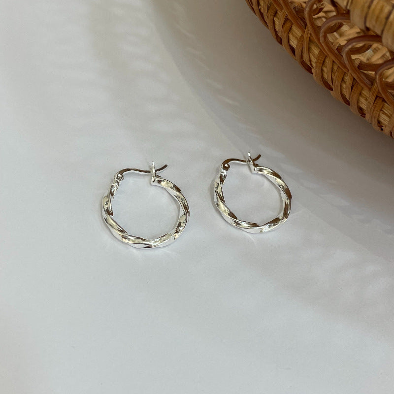 [DF] Boucles d'oreilles cercle en spirale pour femmes - Style coréen géométrique vintage tendance - Argent sterling S925 - Nouveaux poignets d'oreille à la mode minimaliste