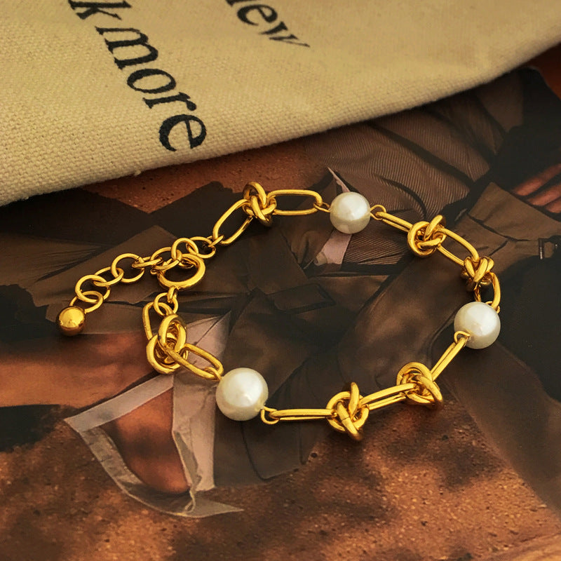 [DF]Copper-plated real gold personalized knot design necklace temperament Pearl Neck Bracelet summer trendy clavicle chain