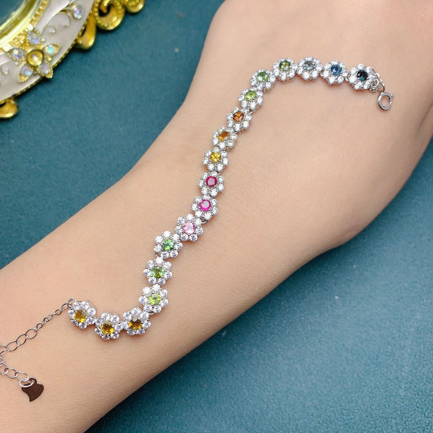 Natural candy Color Tourmaline Flower Shape Bracelet 925 silver inlay