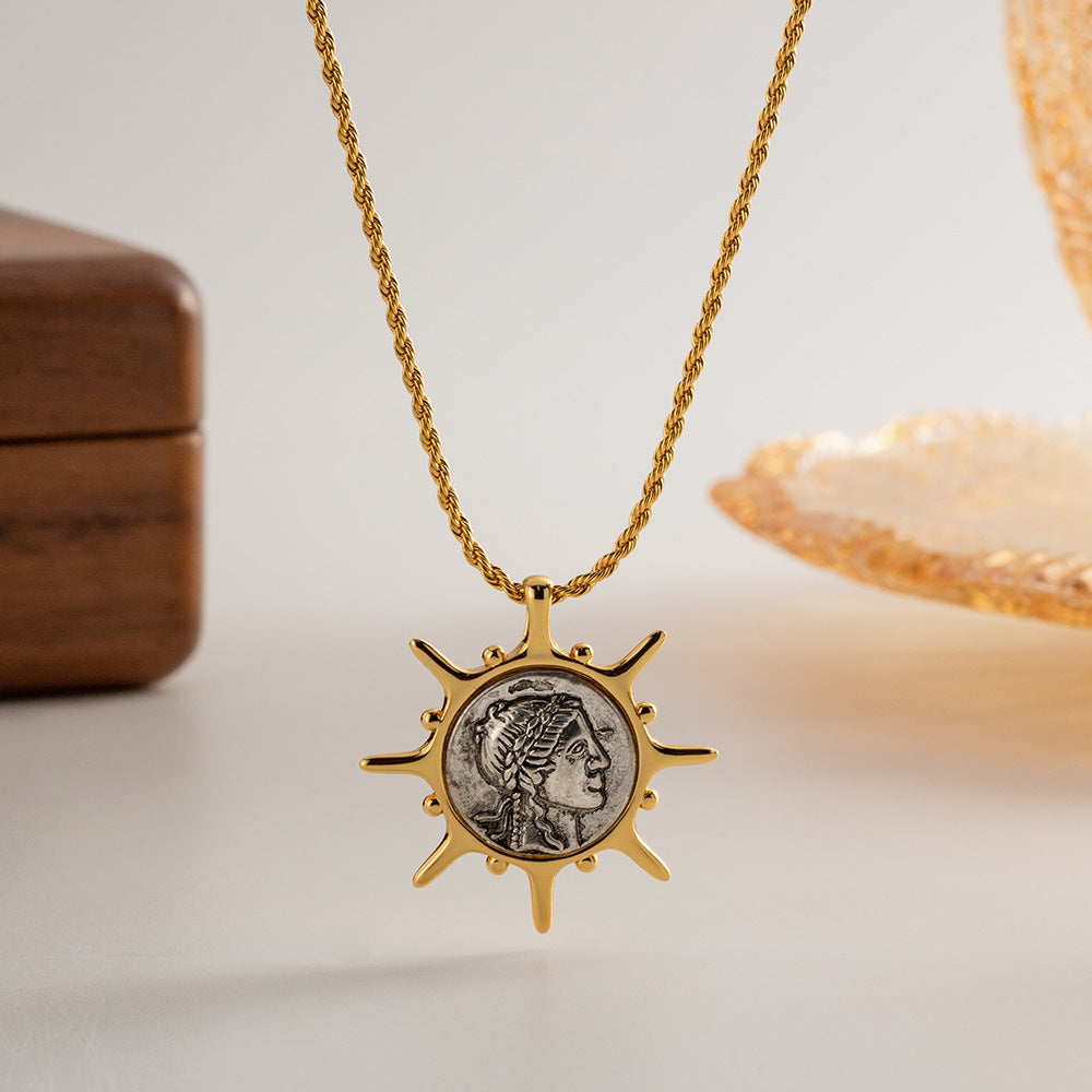 Retro New Relief Portrait Made of Old Black Sun Pendant Roman Necklace Copper-plated 18K Real Gold Jewelry