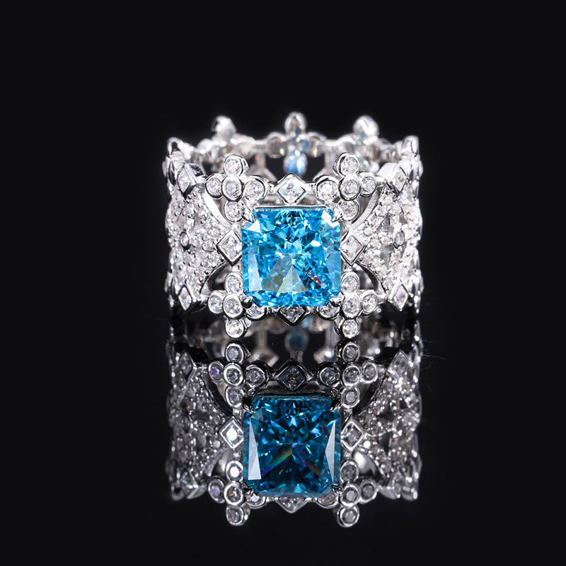 S925 Full body Silver High Carbon Diamond Hollow Diamond Set Women's Ring Main Stone 8 * 8