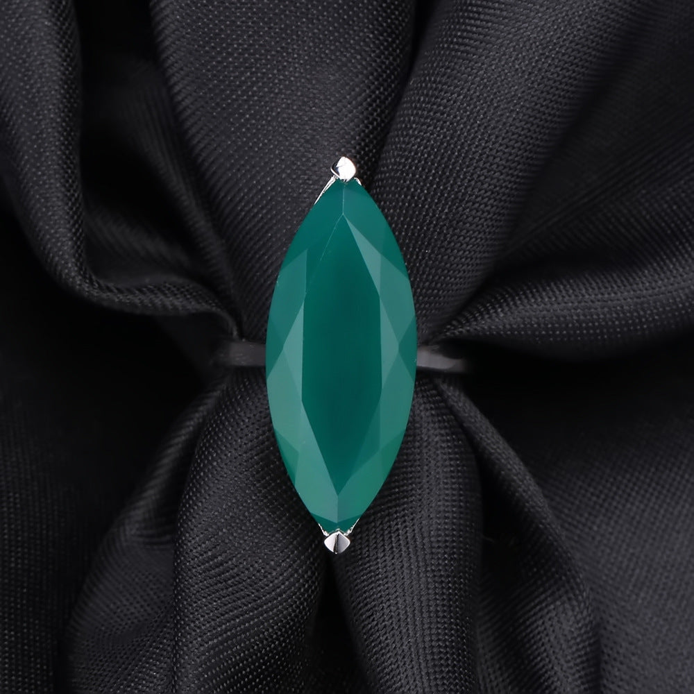 Marquise Gemstone Green Agate Ring Premium Fashion S925 Sterling Silver Inlaid Natural Colored Stone Ring