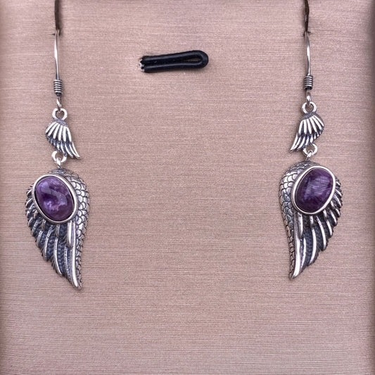 Pendientes de plata s925 con incrustaciones de piedra lunar azul oscuro y dientes morados, sol dorado y amatista con dragón morado