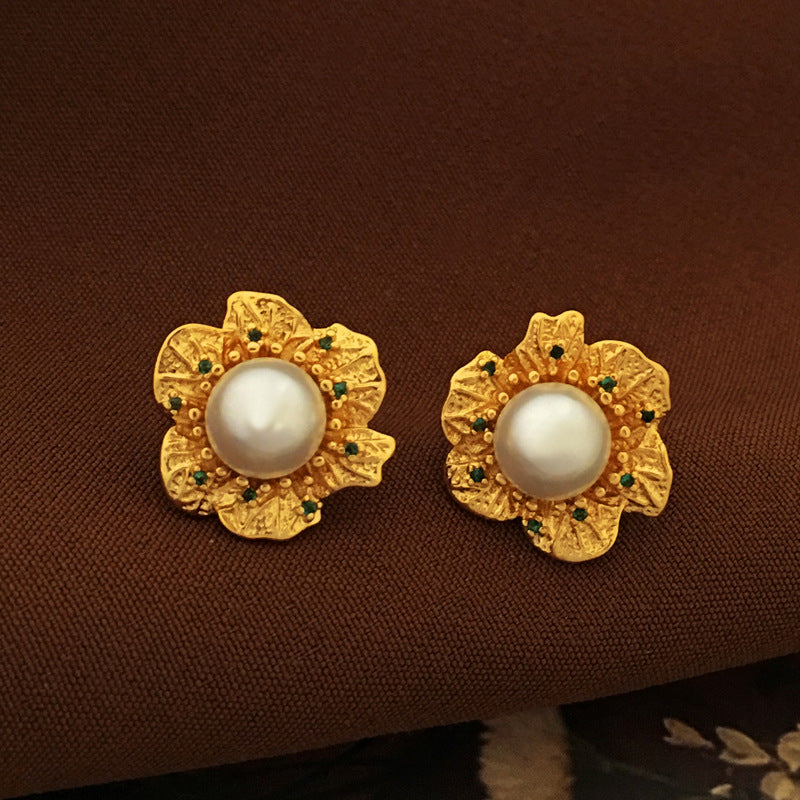 [DF]Copper Plated True Gold S925 Silver Needle Korean Vintage Flower Earrings Light Luxury Pearl Earrings Ins Wind Earrings Female