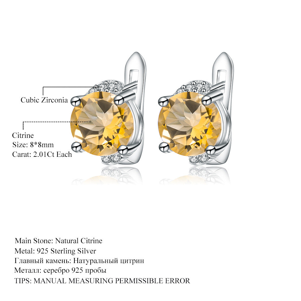 Natural yellow crystal earrings, fashionable and minimalist s925 sterling silver inlaid with natural color treasure earrings and earrings