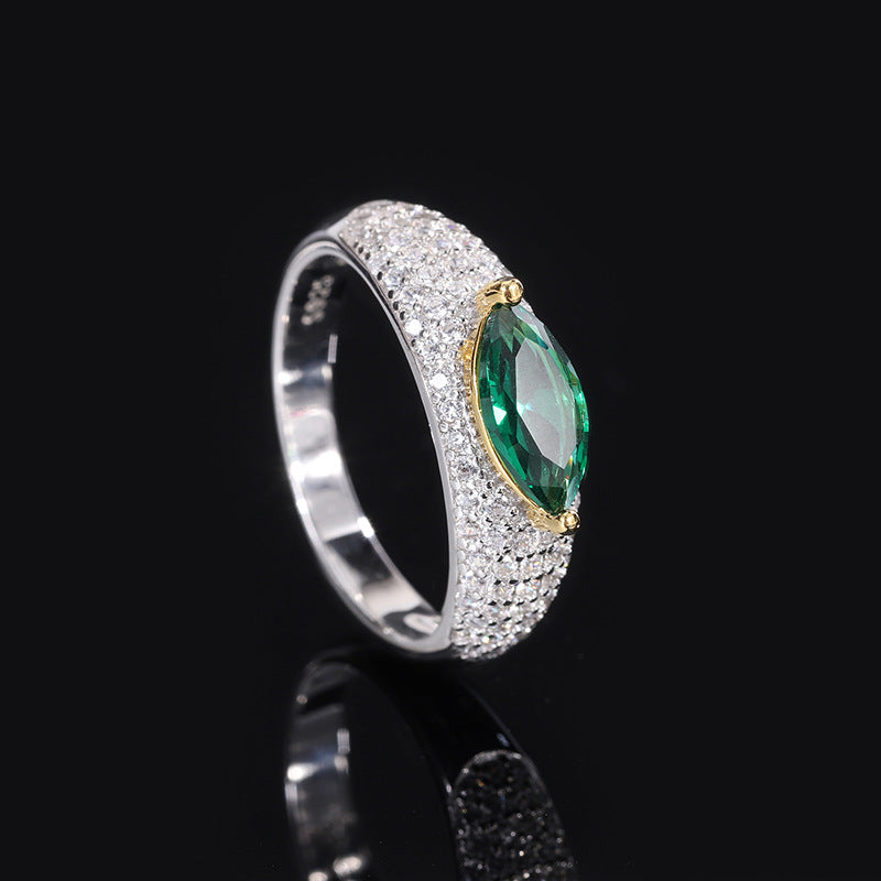 S925 all-over silver ring simulation colored gemstone high-quality texture marquise 5*10 diamond set ring women