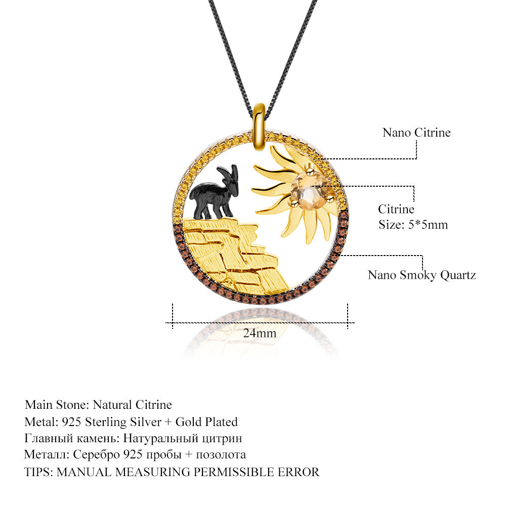 Colgante de piedras preciosas de alta gama de diseñador con diseño de elementos de estilo natural animal Colgante de collar de cristal amarillo natural de plata 925