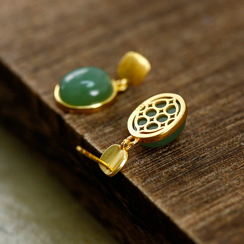 Pendientes con forma de huevo de jade azul con incrustaciones de oro y baño de plata S925, exquisitos y sencillos