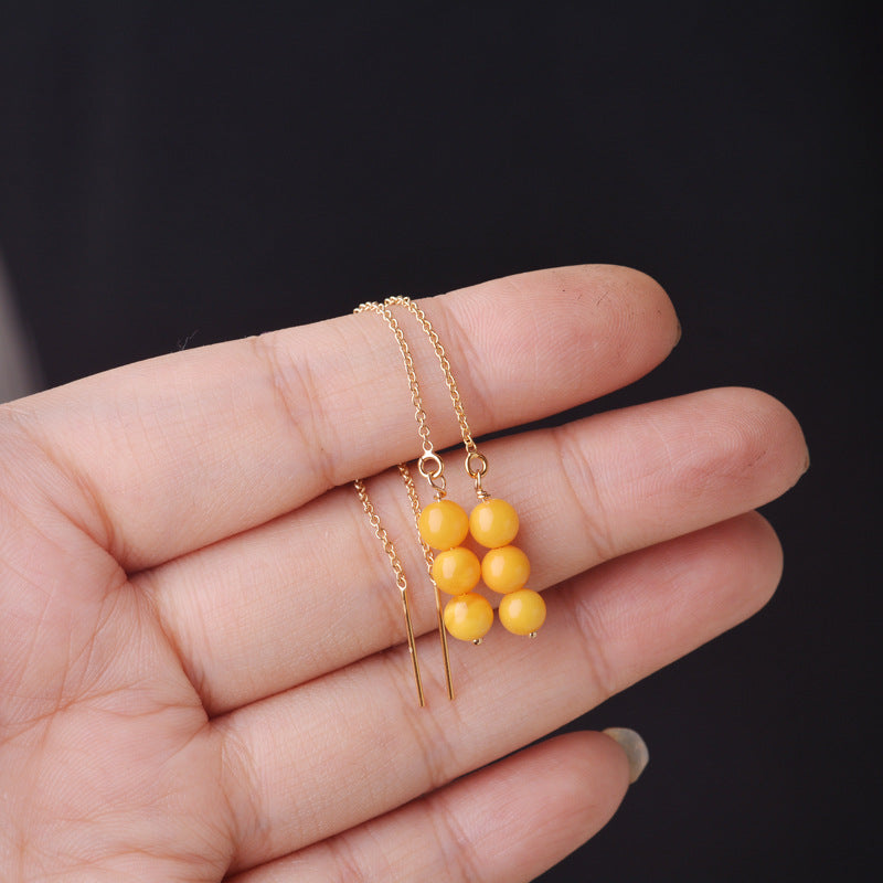 S925 sterling silver ear thread women's natural blood amber beeswax temperament long earrings