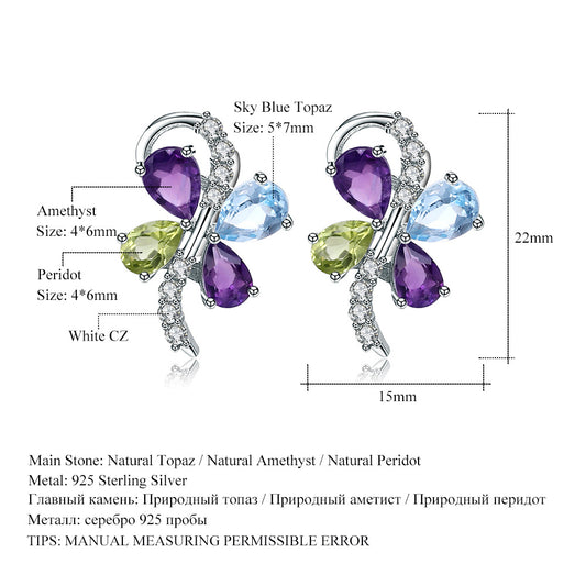 Boucles d'oreilles en pierres précieuses naturelles, boucles d'oreilles et boucles d'oreilles en argent 925 en forme de papillon haut de gamme