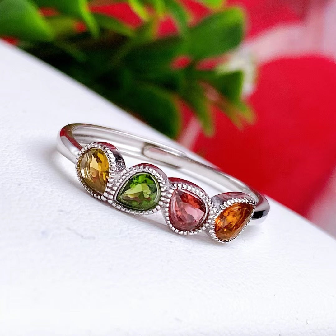 New natural tourmaline color ring inlaid with 925 silver female ring