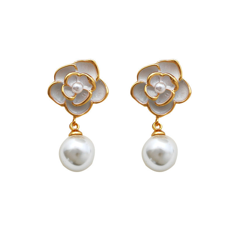 [DF]Copper plated real gold S925 silver needle small fragrance white flower pearl stud earrings women's ins style premium sense earrings