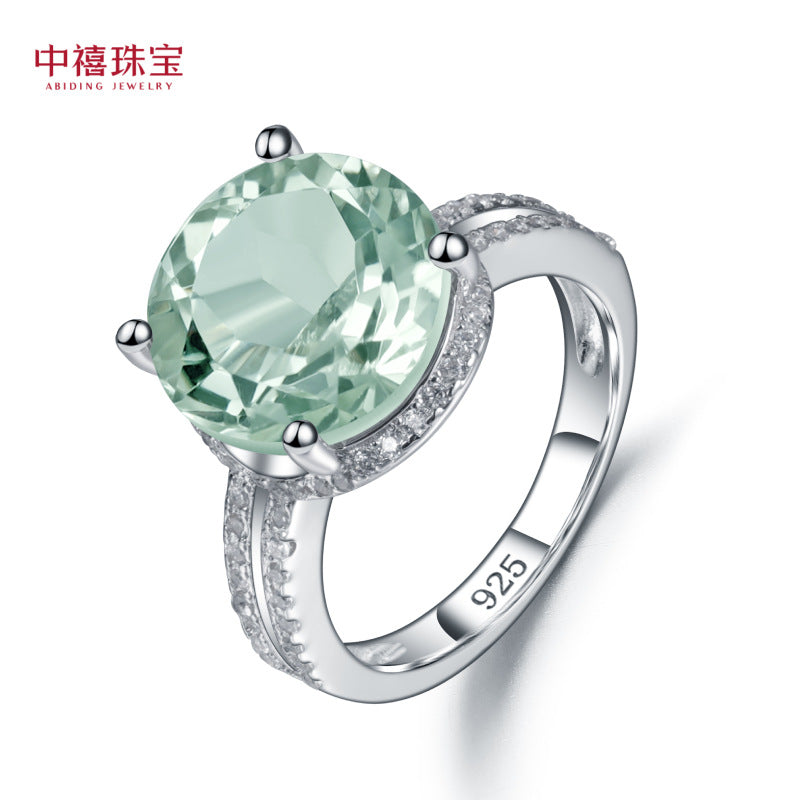 S925 sterling silver natural green amethyst ring with a sense of luxury, fashionable temperament, luxurious inlay of natural color treasure ring