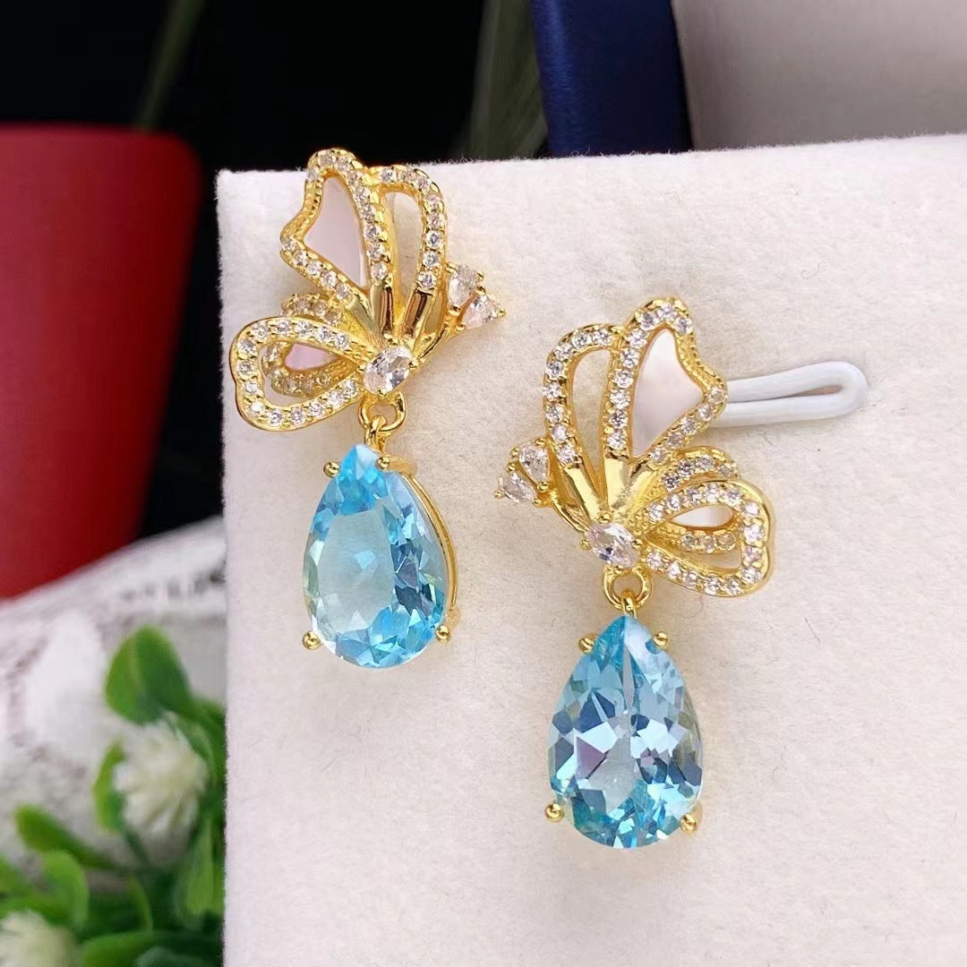 Topaz Water Drop Earrings S925 Silver Inlaid Topaz Butterfly Water Drop Fashion Earrings