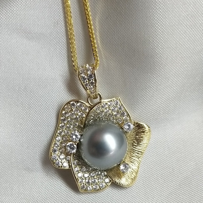 Gray sea Pearl 12-13mm round pearl pendant 925 silver gold thick bracket