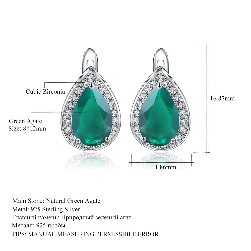 Natural stone earrings s925 silver inlaid green agate earrings drop pear-shaped gemstone earrings