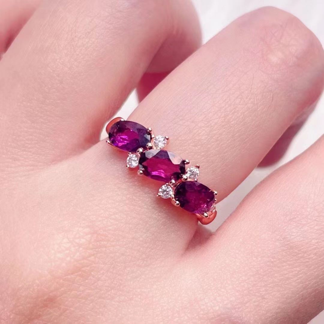 Anillo de granate negro con dientes morados y incrustaciones de plata S925 con granate rojo vino, moda versátil