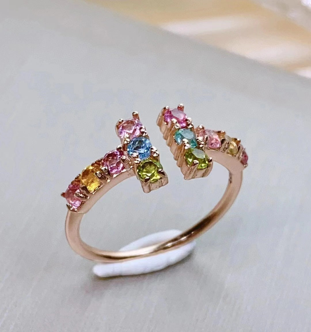 Rainbow Tourmaline H-shaped Ring S925 Silver inlaid Candy-colored Tourmaline light luxury