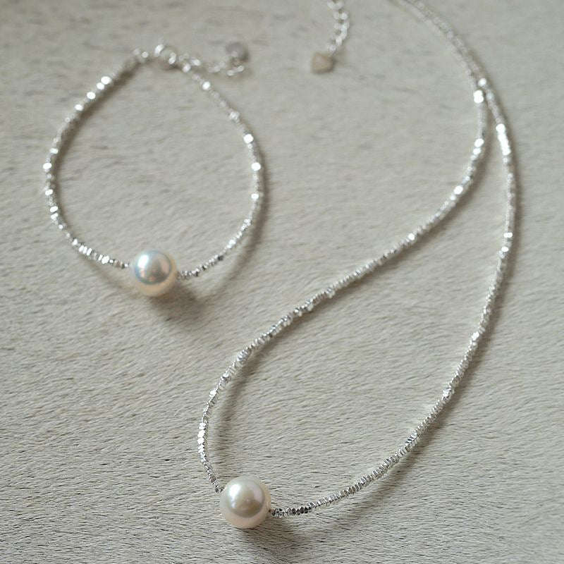 [DF]Elegant Shards: Sterling Silver Pearl Necklace - 10-12mm Radiant Round Luminescence Collar