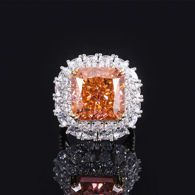 S925 Silver Imitation Colored Gemstone High Carbon Diamond Padparadscha Square Set 14*14