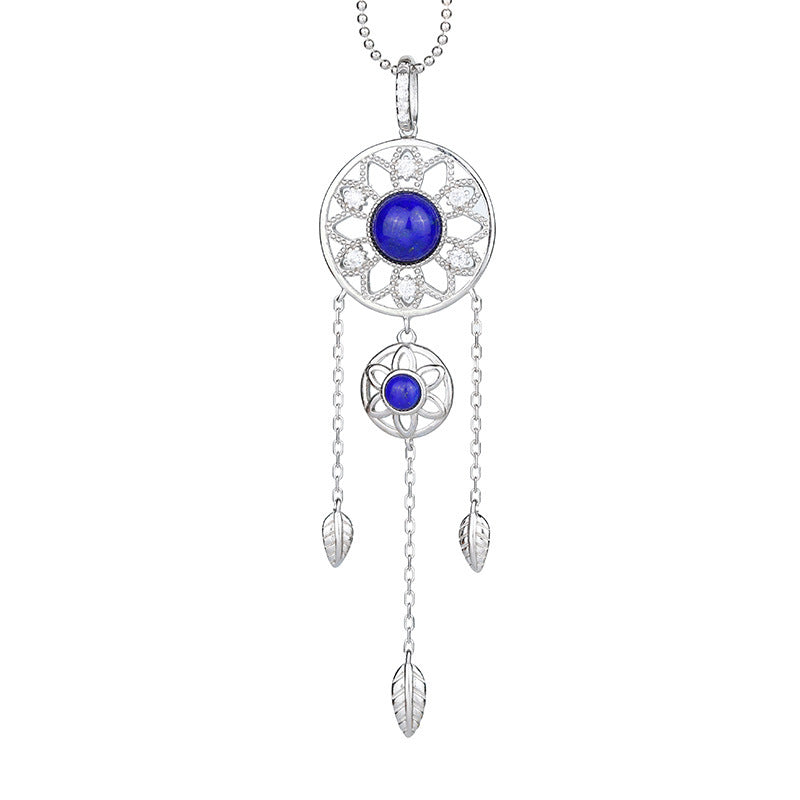 Ensemble en argent sterling S925, pendentif lapis-lazuli, pompon