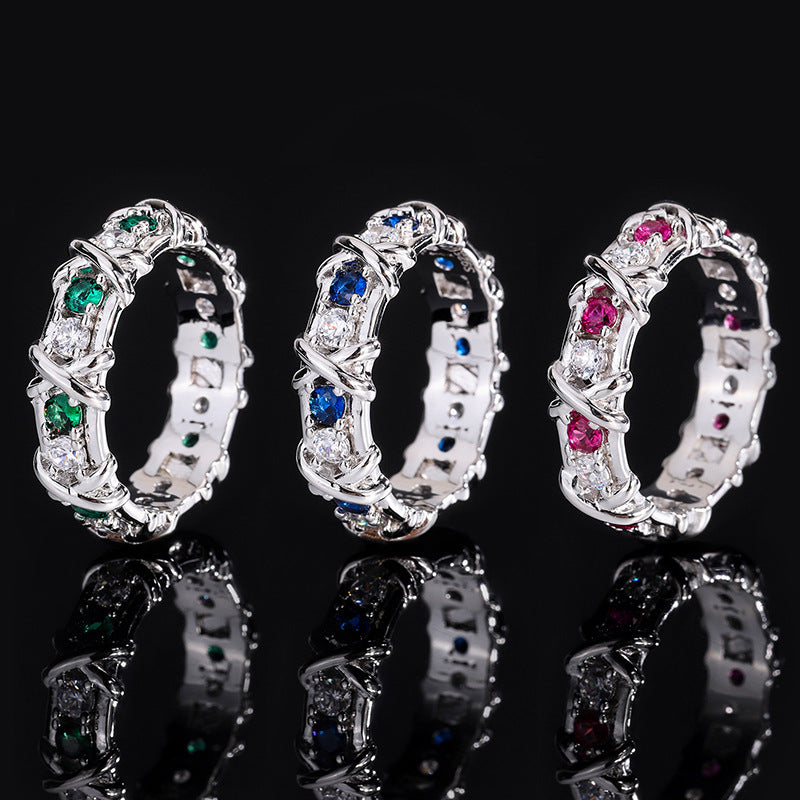 S925 full-body silver imitation color treasure row ring women's high-grade texture diamond ring women