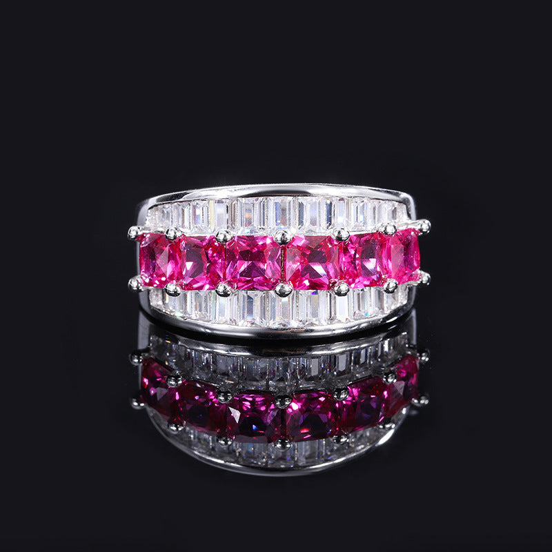 S925 silver imitation Ruby full diamond set ring closed retro ring 4*4