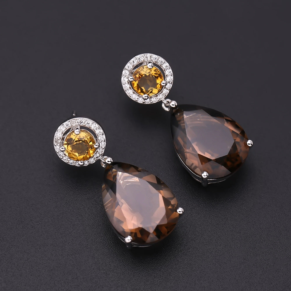 Natural Gemstone Drop Earrings S925 Silver Set Natural Citrine Stud Earrings