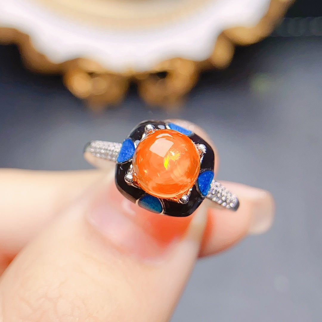 Bague opale de feu naturelle, ensemble en argent S925, pierre principale 7*7, sellin