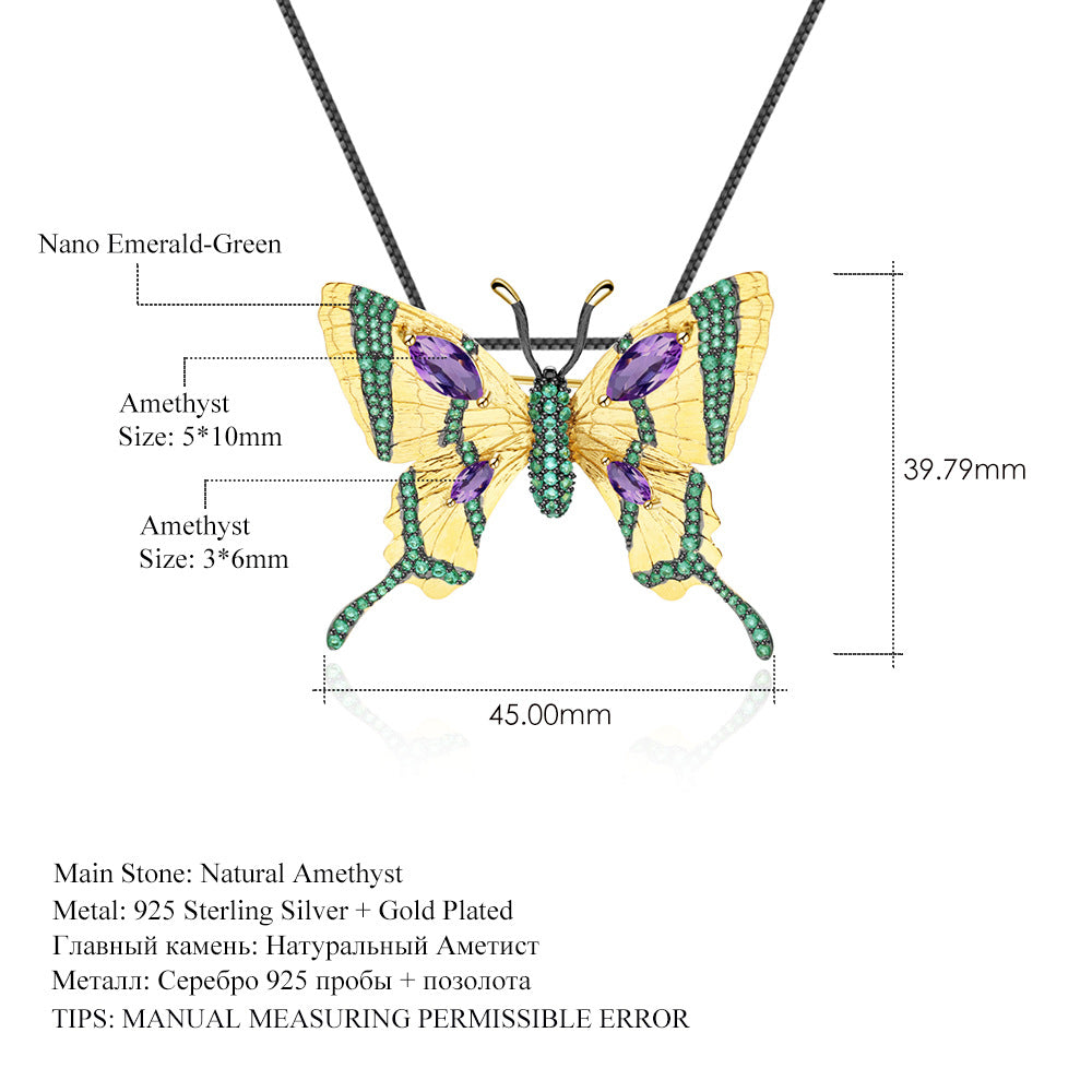 Colgante de broche de diseñador con diseño de mariposa de doble propósito, colgante de collar de amatista natural de plata S925 de alta calidad