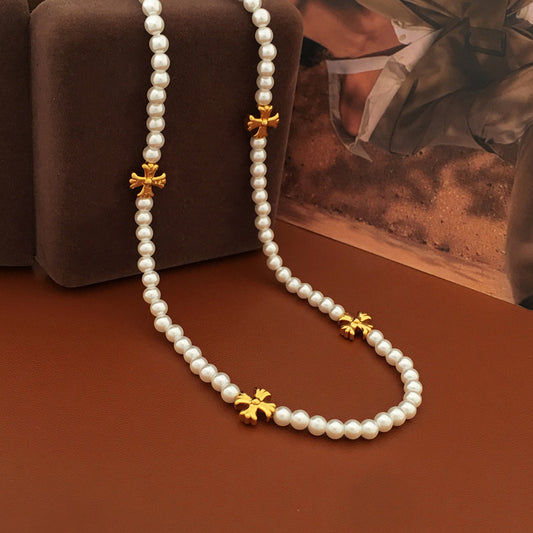 [DF]Copper plated genuine gold, Japanese and Korean, sweet and elegant pearl necklace, inset style cross shaped neck chain, mesh red sweater chain